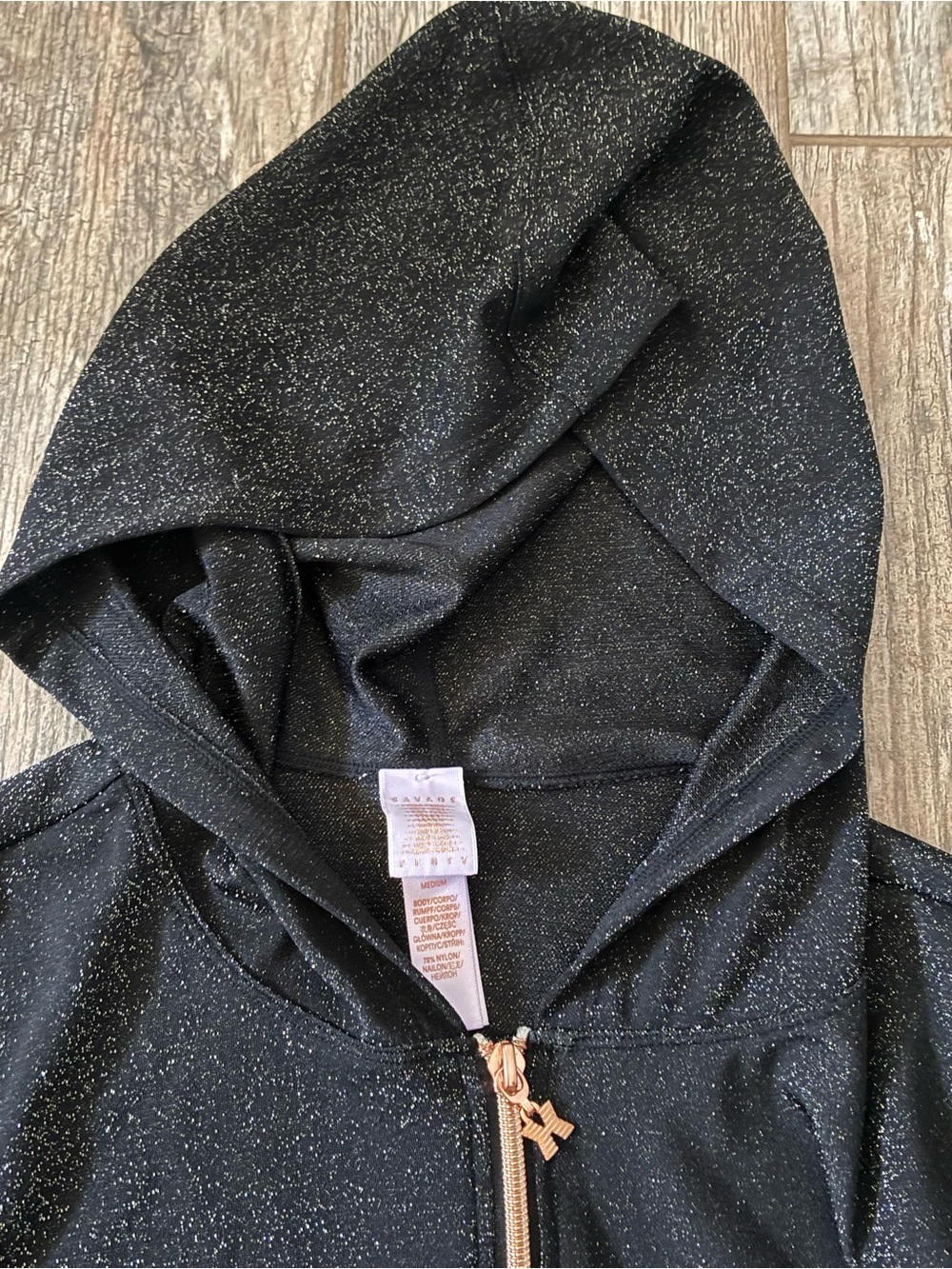 Savage X Fenty Sleep & Shine Hooded Shimmer Jumpsuit Caviar Black Size Medium - Picture 5 of 7